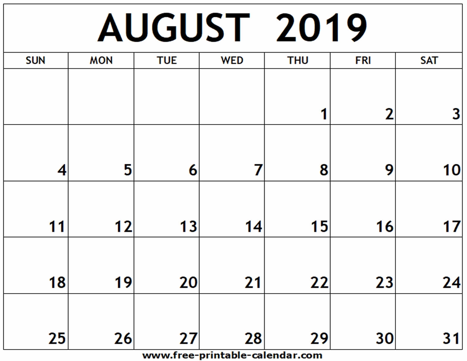 August 2019 Printable Calendar - Free-Printable-Calendar within Numbers Free Printable Calendar For August