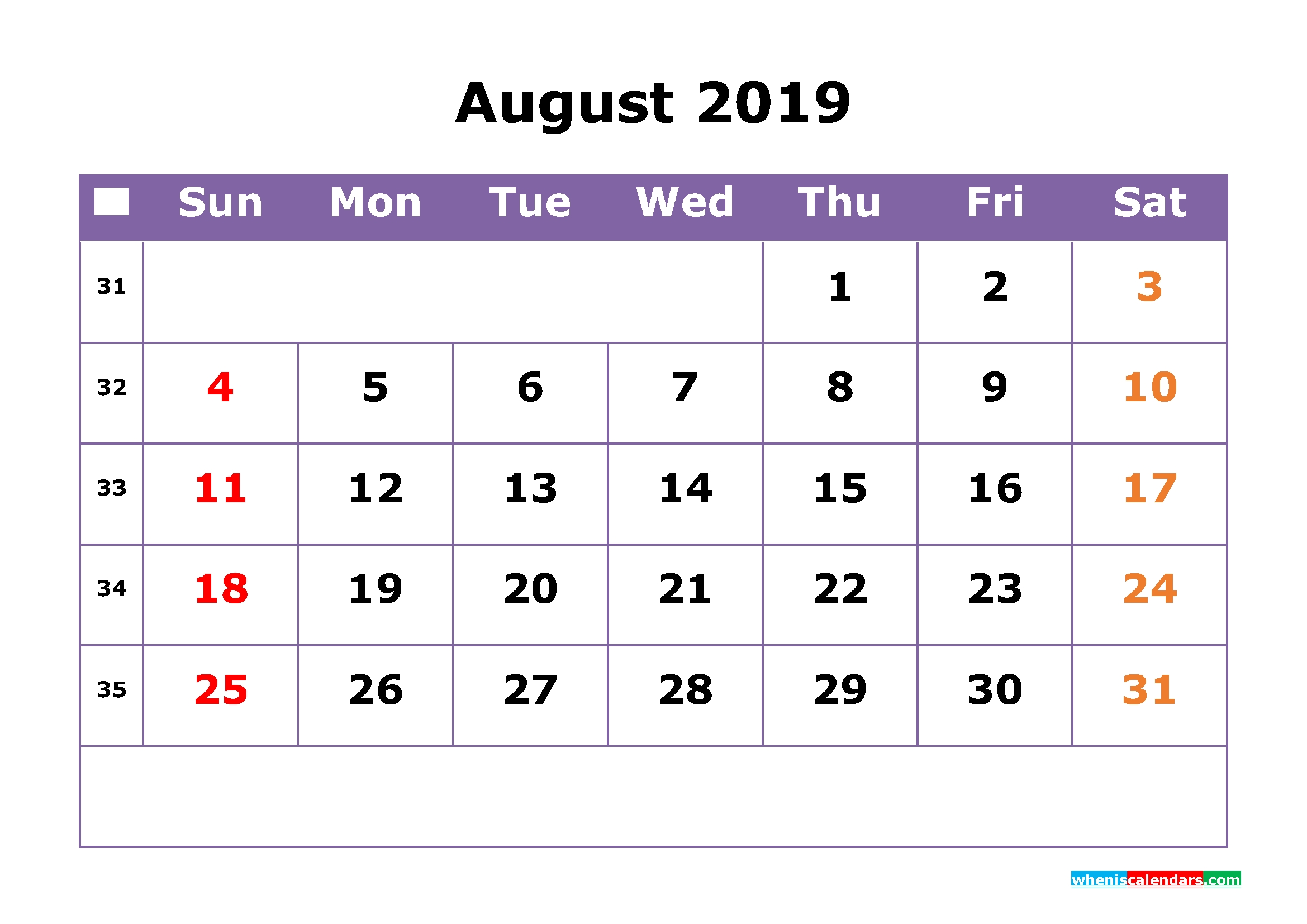 August 2019 Printable Calendar With Week Numbers For Free Download regarding Numbers Free Printable Calendar For August