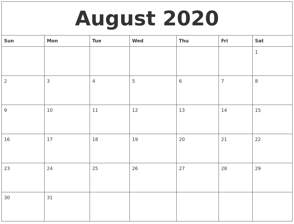 August 2020 Large Printable Calendar pertaining to Large Printable Blank Calendar Pages