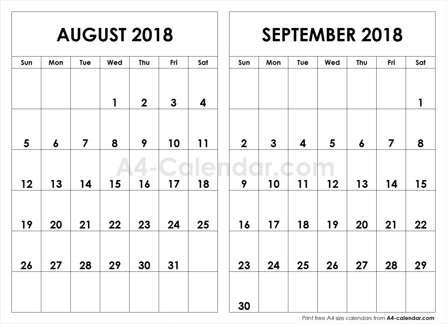 August September 2018 A4 Calendar | 2 Month Calendar Template pertaining to August And September Calendar Printable