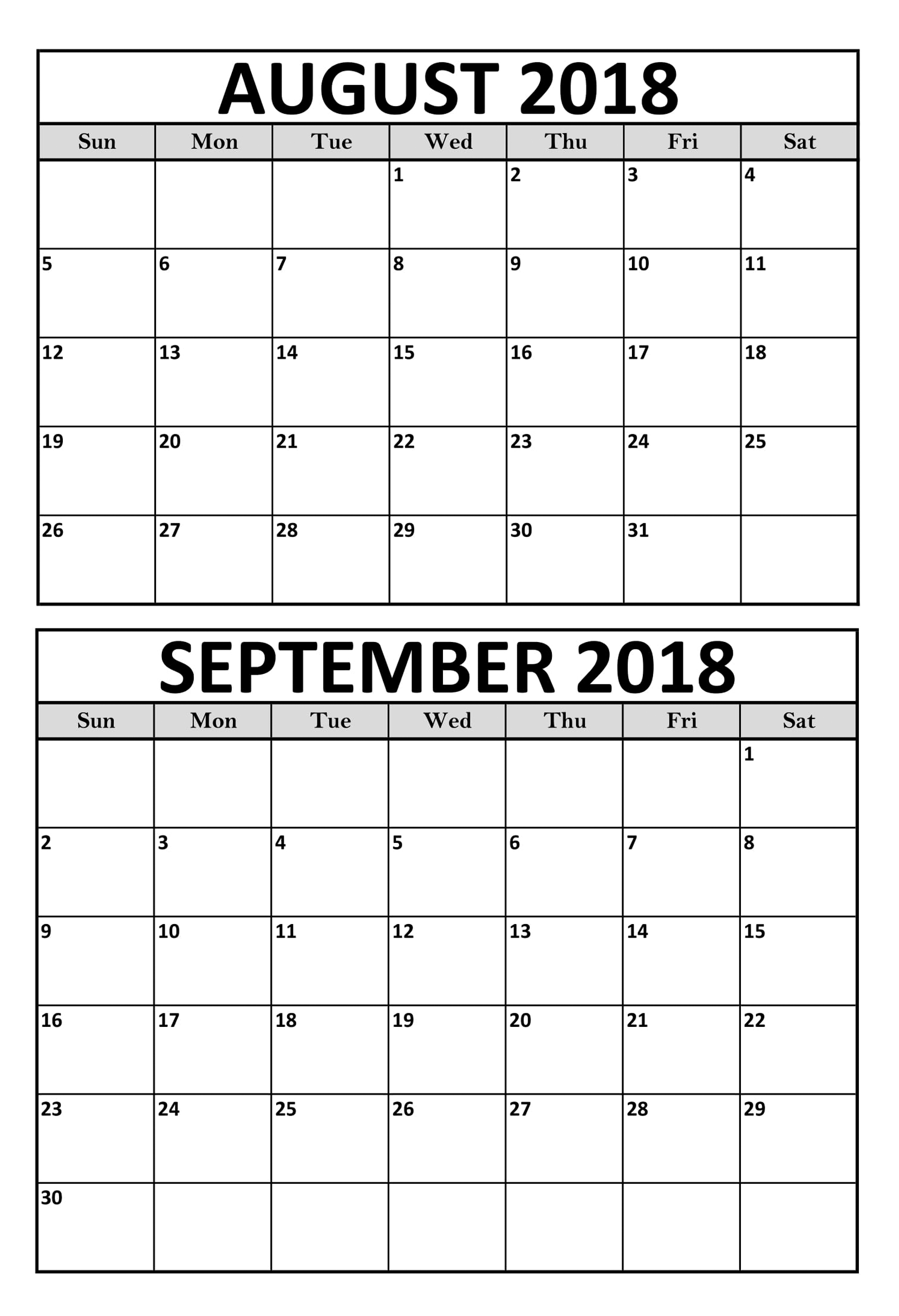 August September 2018 Calendar Printable Template | August September for August And September Calendar Printable