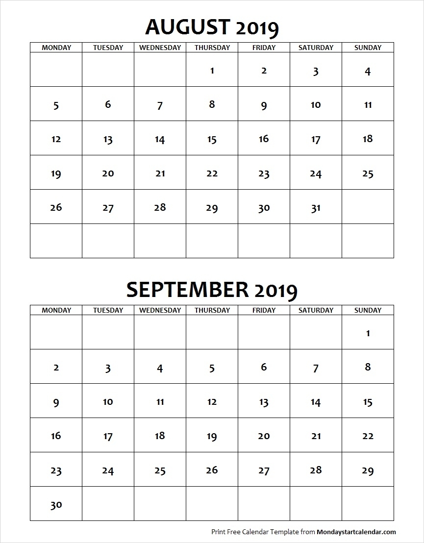 August September 2019 Calendar Monday Start | Two Months Template within August And September Calendar Template