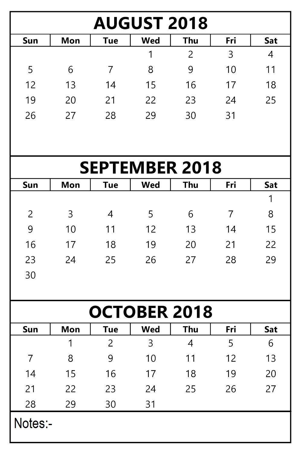 August September October 2018 Calendar 3 Months Template | August with regard to Pinterest 3 Month Calendar Print Out