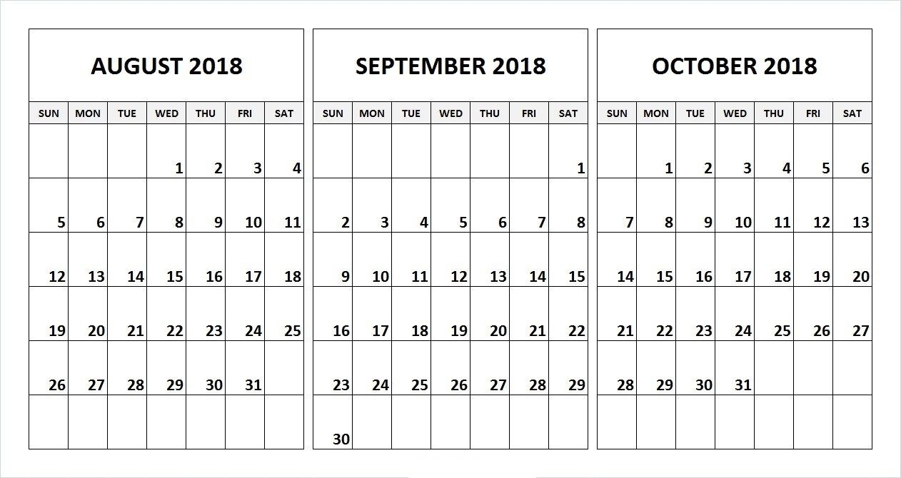 August September October 2018 Calendar Desk Template | August within 3 Month Printable Calendar Template