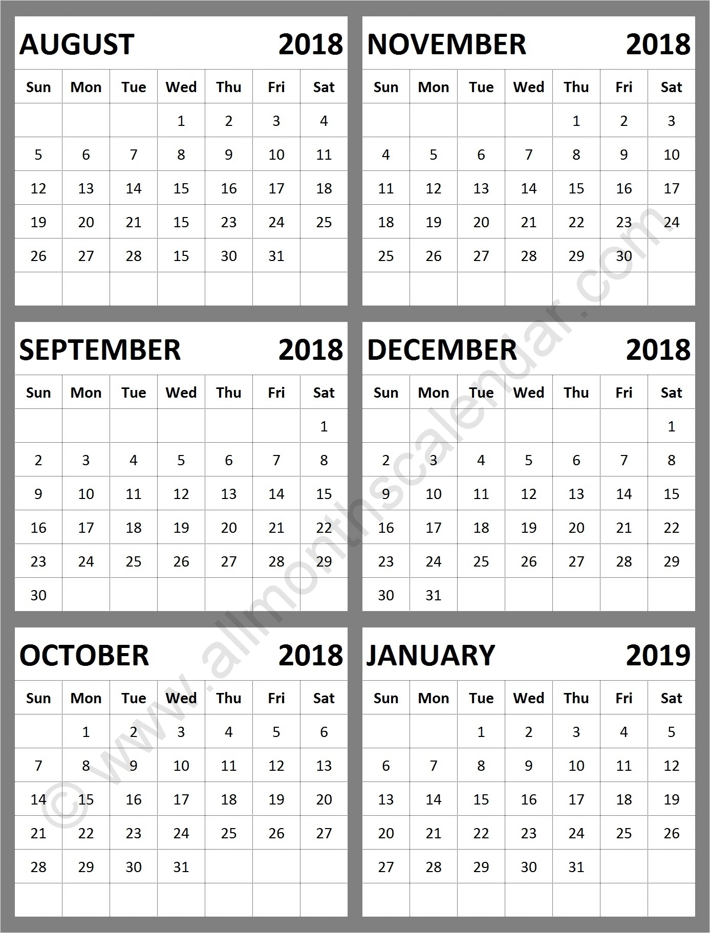 August September October November December 2018 January 2019 Calendar with Calander From August - December