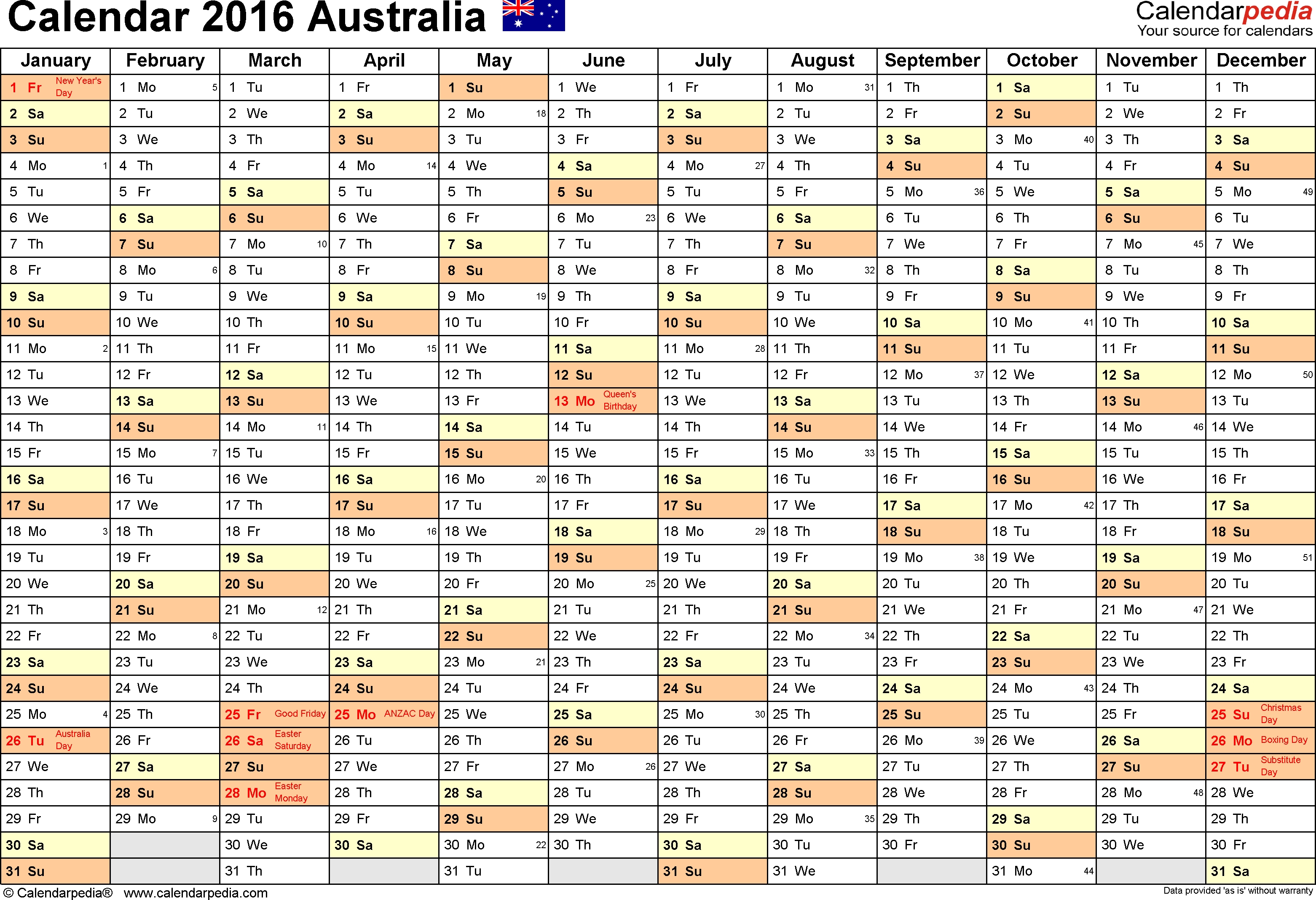 Australia Calendar 2016 - Free Printable Pdf Templates inside Australian Months Of Year Printable