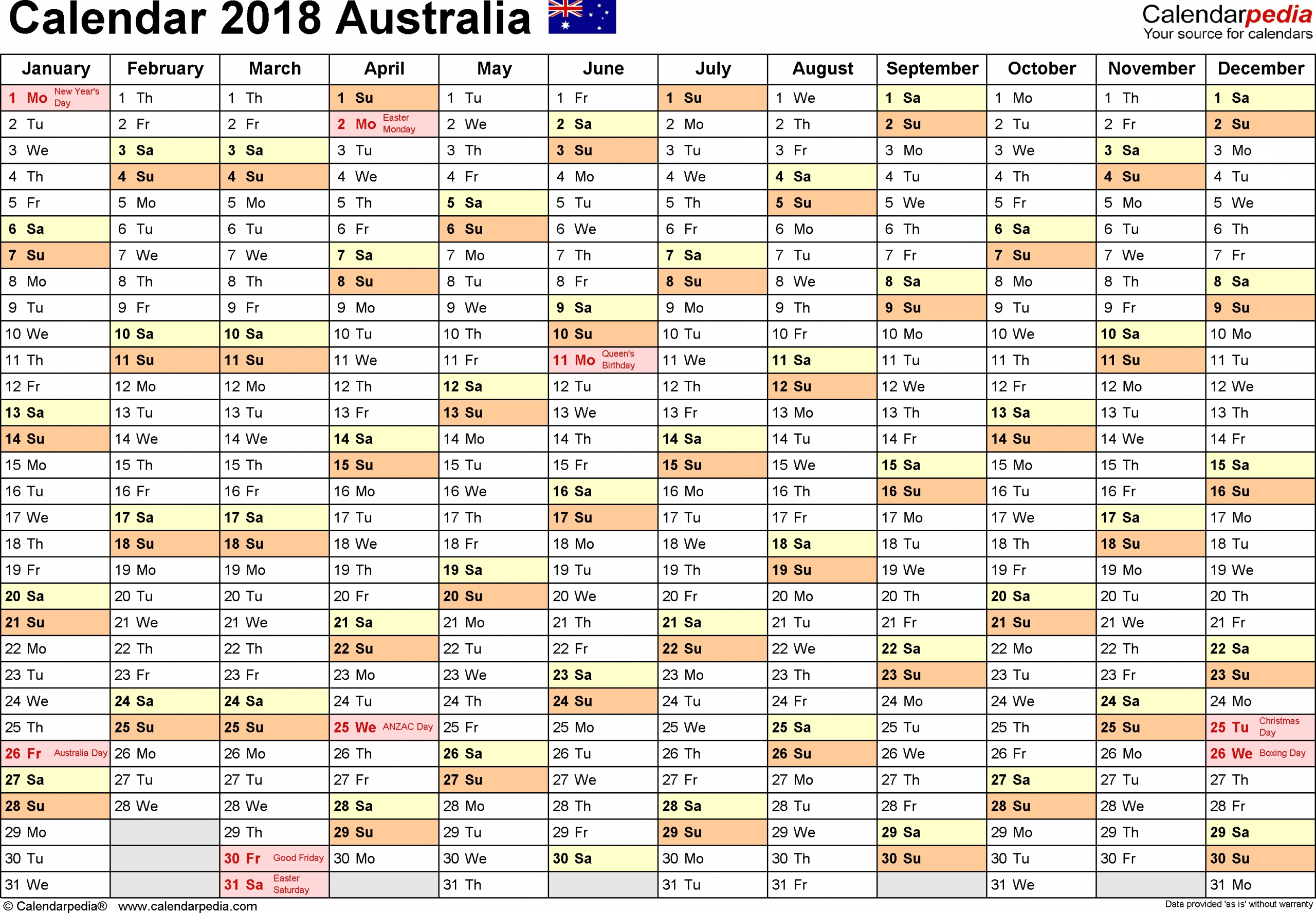 Australia Calendar 2018 - Free Printable Pdf Templates with regard to Australian Months Of Year Printable