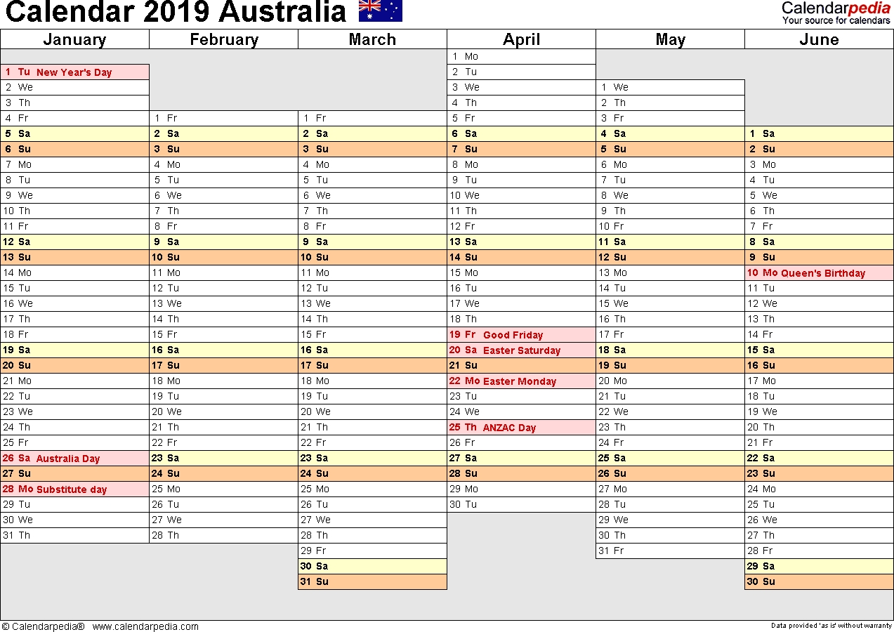 Australia Calendar 2019 - Free Printable Pdf Templates intended for Printable Blank Monthly Calendar With Lines For Purse