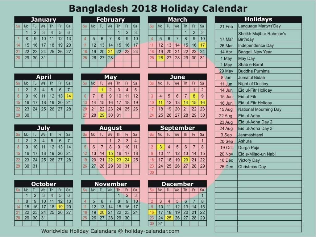 Bangladesh 2018 2019 Holiday Calendar. 2019 Printable Calendar regarding Large Printable Calendar Sept 2-17