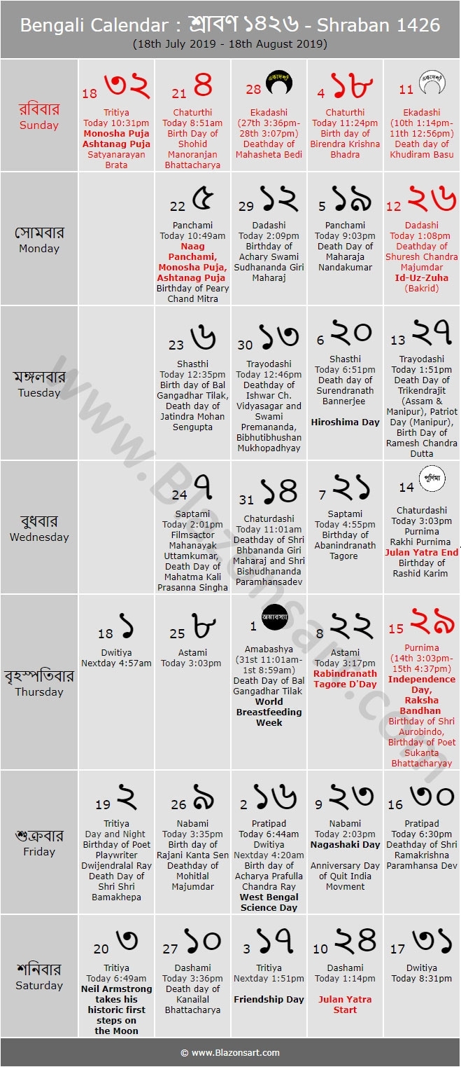 Bengali Calendar - Shraban 1426 : বাংলা কালেন্ডার intended for Bengali Calander Pic This Year Free Pic Downlode
