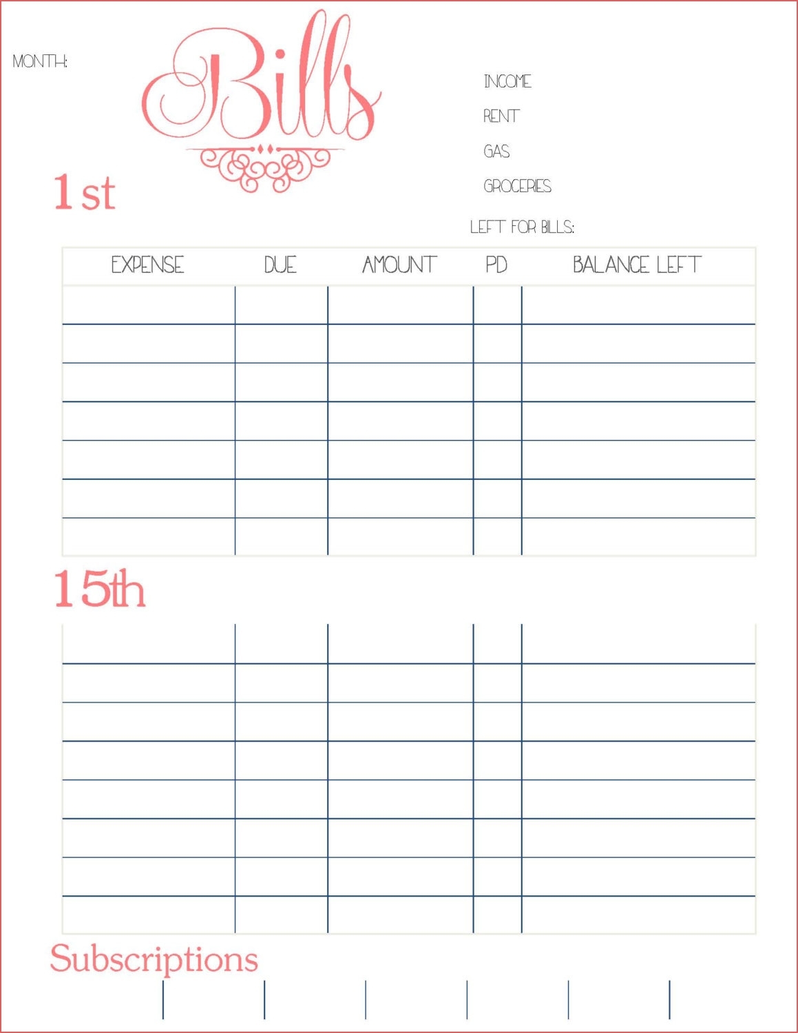 Free Printable Bill Budget Calendar