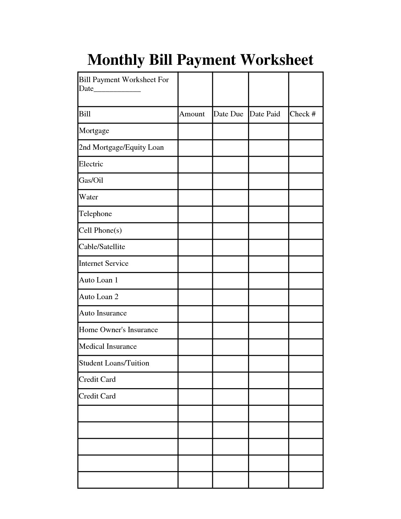 Bill Chart Template - Kubre.euforic.co-Free Printable Monthly Bill throughout Monthly Bill Payment Blank Worksheet