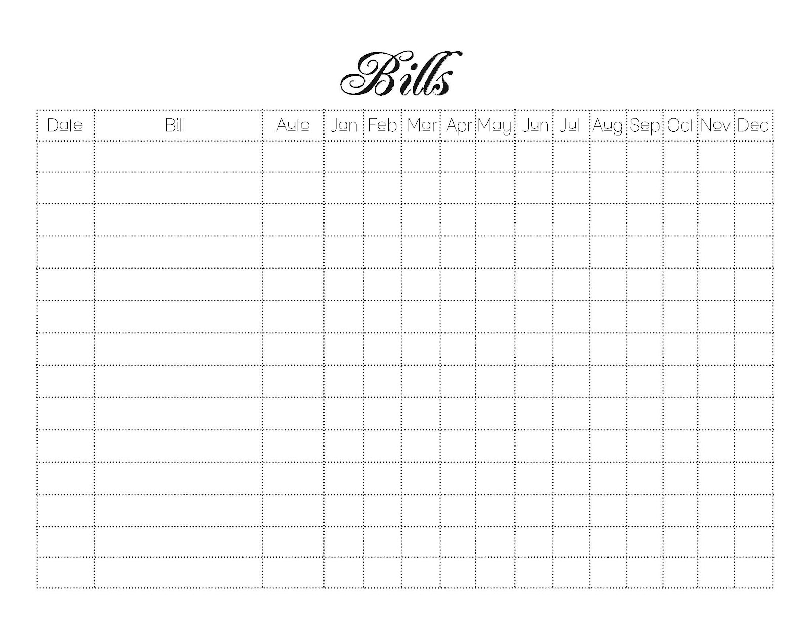 Printable Bill List Template