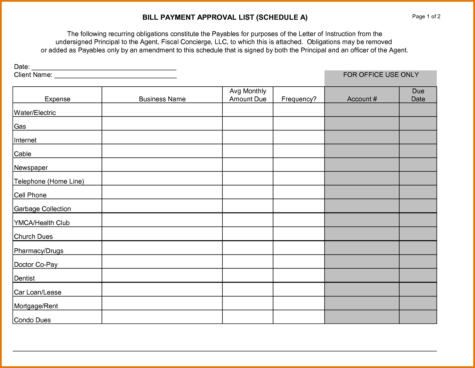 bills to pay list