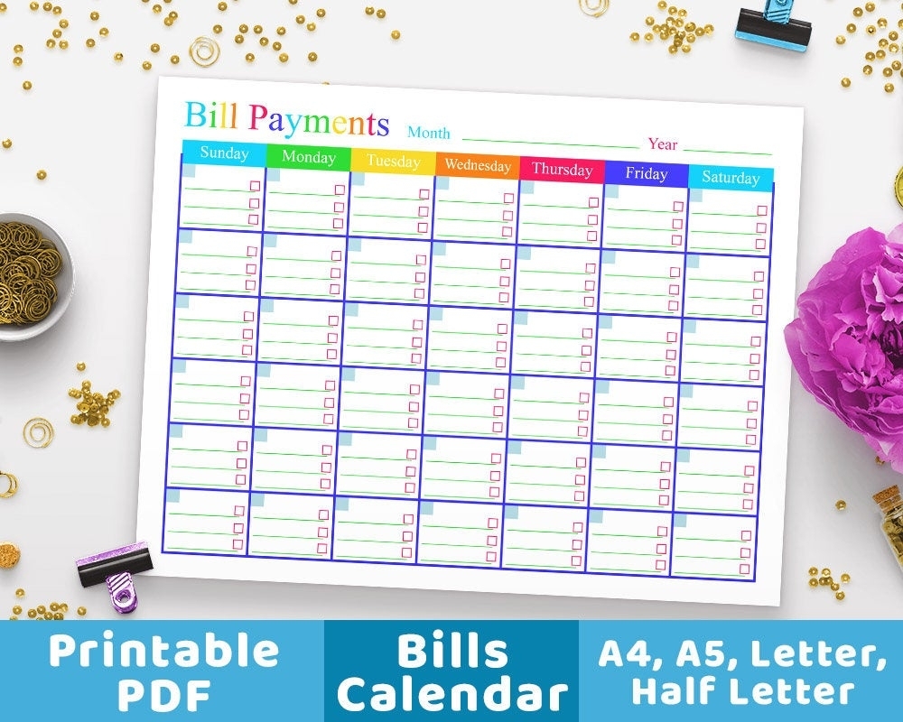 Bill Payments Calendar Bills Tracker Bill Calendar Bills | Etsy in Blank Bill Calendar Printable Colorful