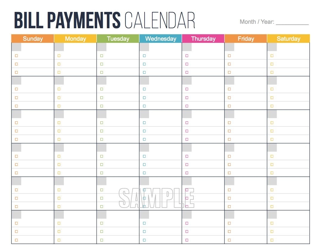 Bill Payments Calendar Personal Finance Organizing | Etsy inside Blank Bill Calendar Printable Colorful