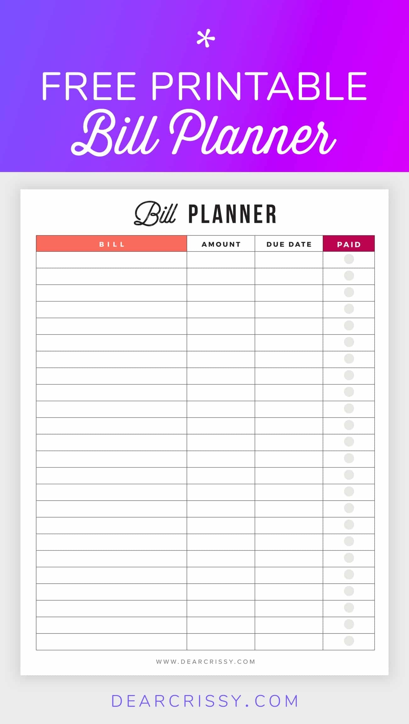 Printable Monthly Bill Organizer Template - Calendar ...