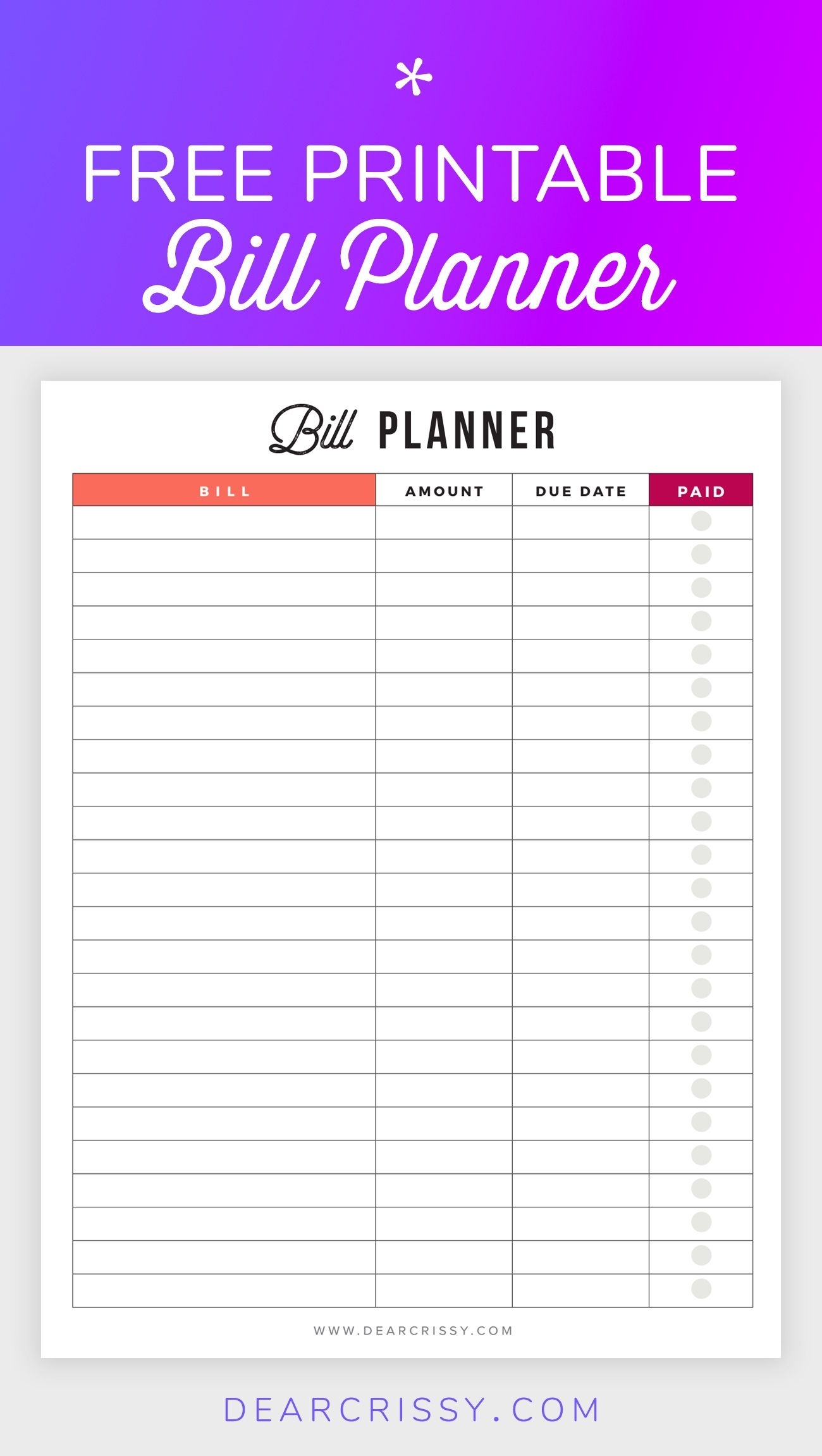 Bill Payment Planner Printable