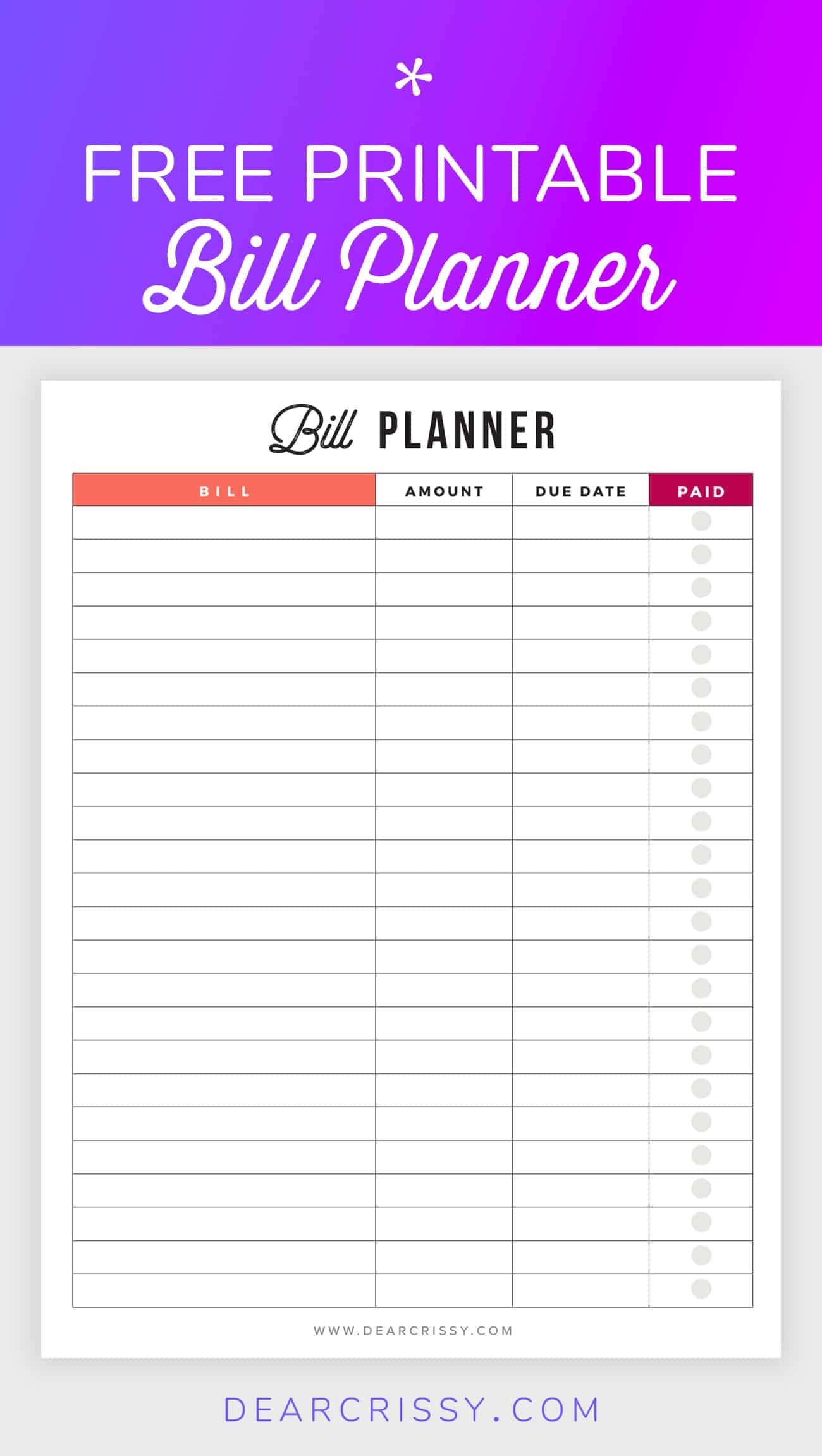Free Printables For Monthly Bills