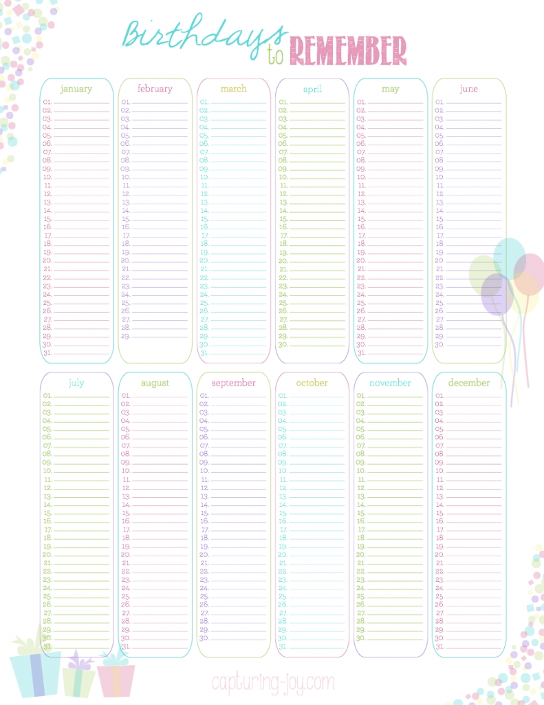 Birthdays To Remember~Yearly Calendar {Free Printable} | Bloggers with Free 12 Month Birthday Calendar Template