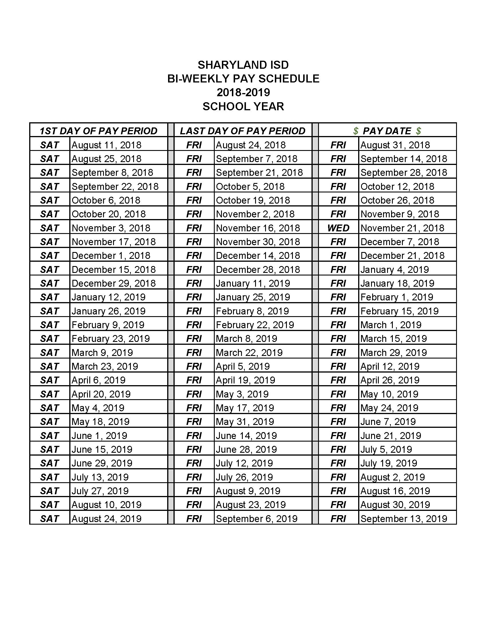 Biweekly Pay Schedule - Sharyland Isd intended for Calendar Of Biweekly Pay Dates