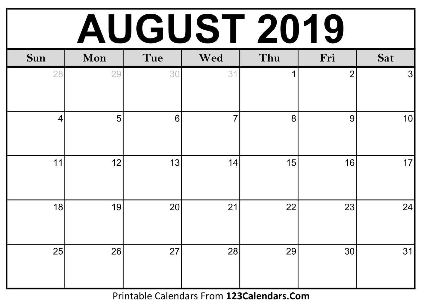 Blank August 2019 Calendar - Easily Printable - 123Calendars with Picture Of August On Calendar