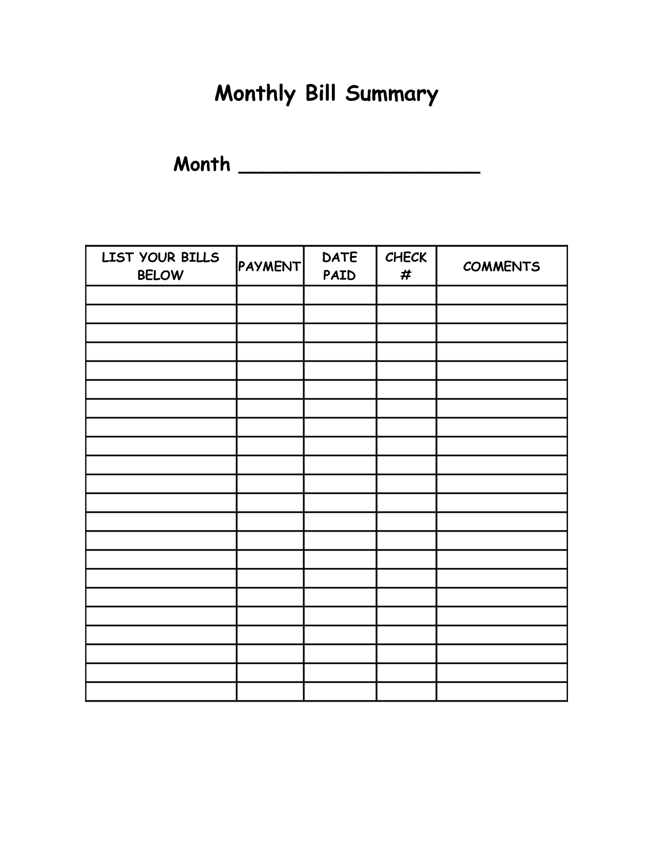 Blank Bill Payment Organizer | Monthly Bill Summary - Doc | Cats intended for Blank Monthly Bill Payment Sheet
