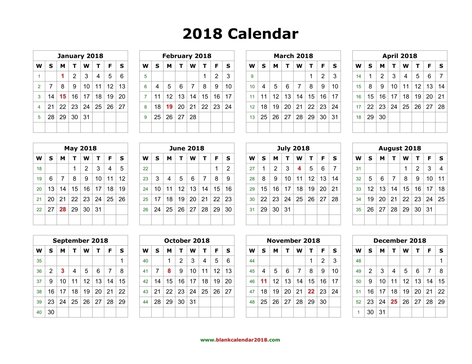 Blank Calendar 2018 in 12 Month Calendar Print Out