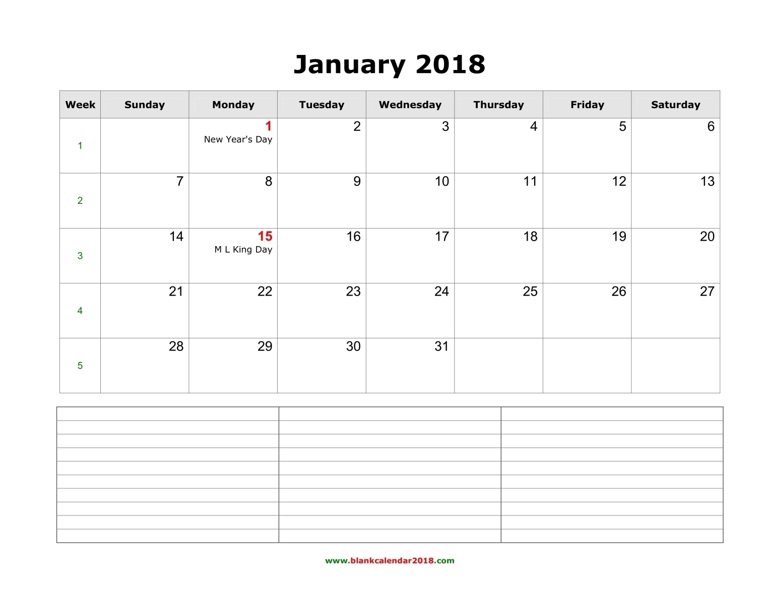 Blank Calendar 2018 inside Printable Monthly Calendar With Notes