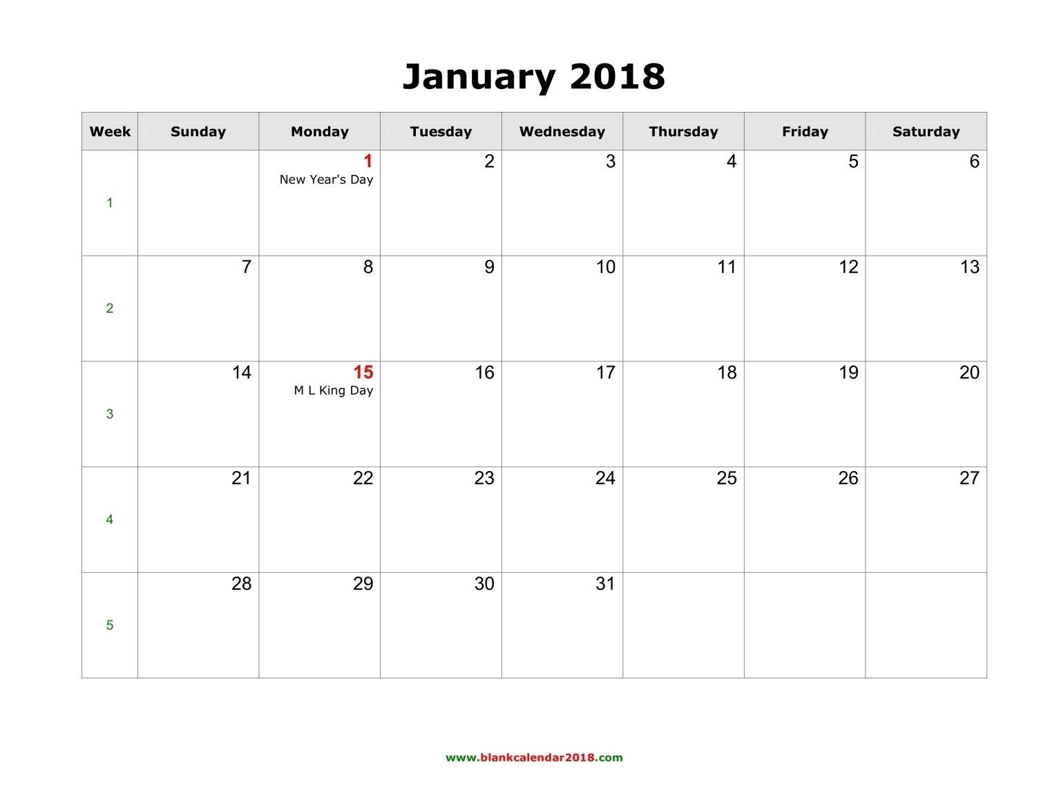 Blank Calendar 2018 within Large Empty Monthly Calendar Monday Start