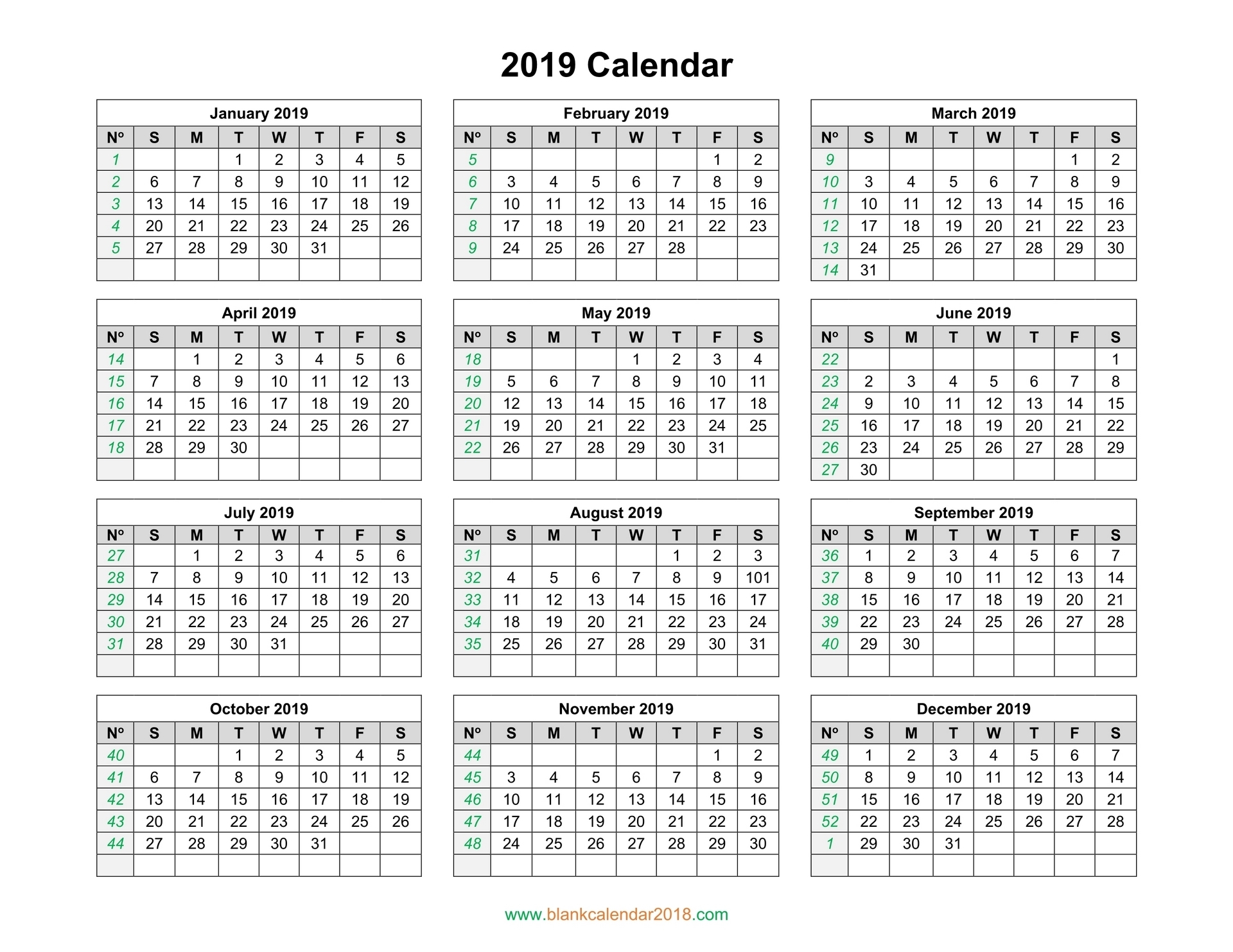 Blank Calendar 2019 inside Pdf Blank Calendar Without Months