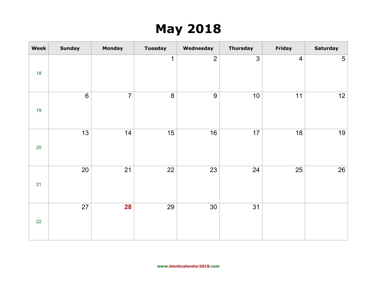 Blank Calendar For May 2018 throughout Calendar Blank Printable Monday Start A4