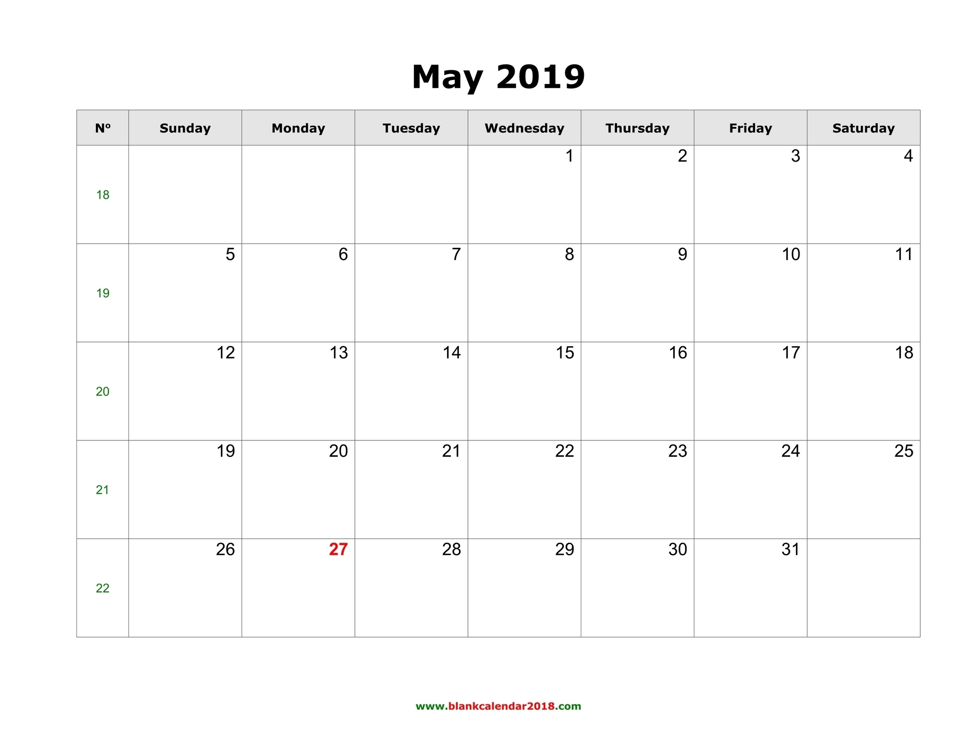 Blank Calendar For May 2019 throughout Blank Calendar To Fill In