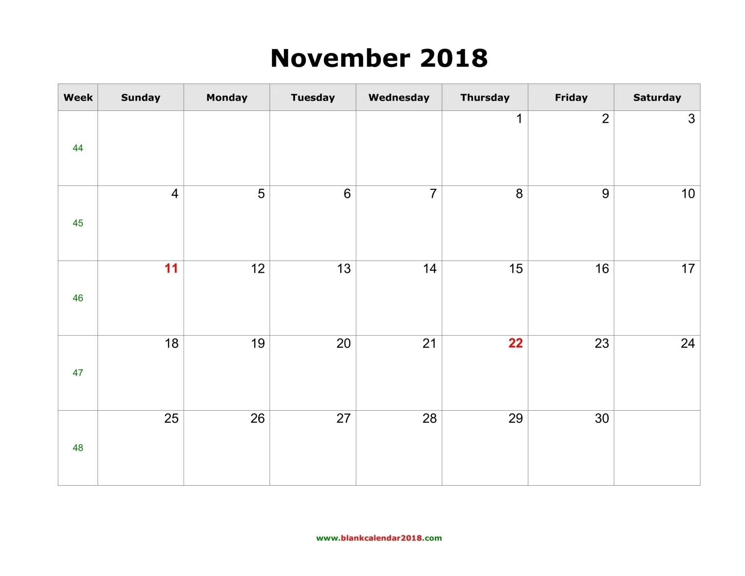 Blank Calendar For November 2018 in Blank Calendar For November And December
