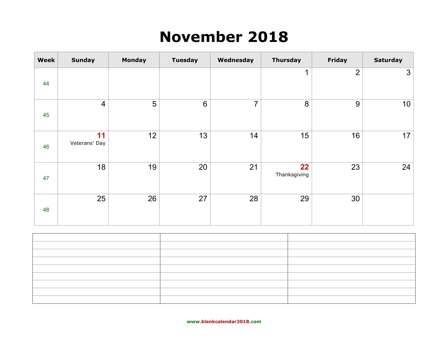 Blank Calendar For November 2018 pertaining to Blank Calendar Template With Notes