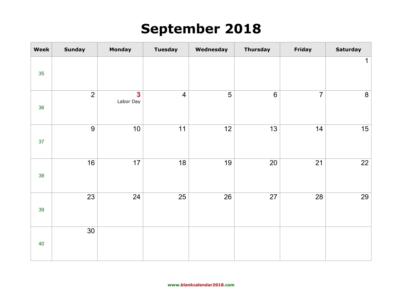 Blank Calendar For September 2018 with regard to Large Printable September Calendar With Holidays