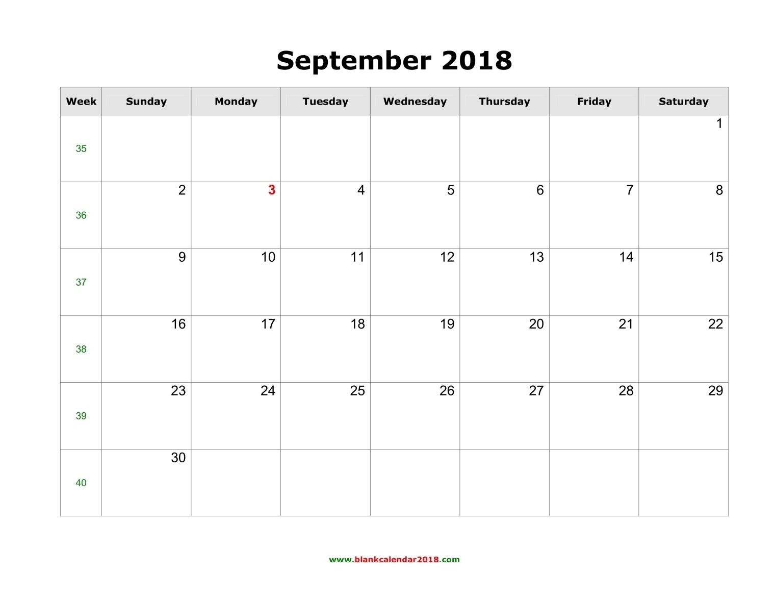 Blank Calendar For September 2018 with regard to Print Calendar Month Of September