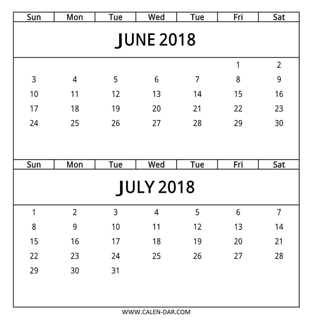 Blank Calendar June July 2018 Template | Www.calen-Dar within June And July Monthly Calendar