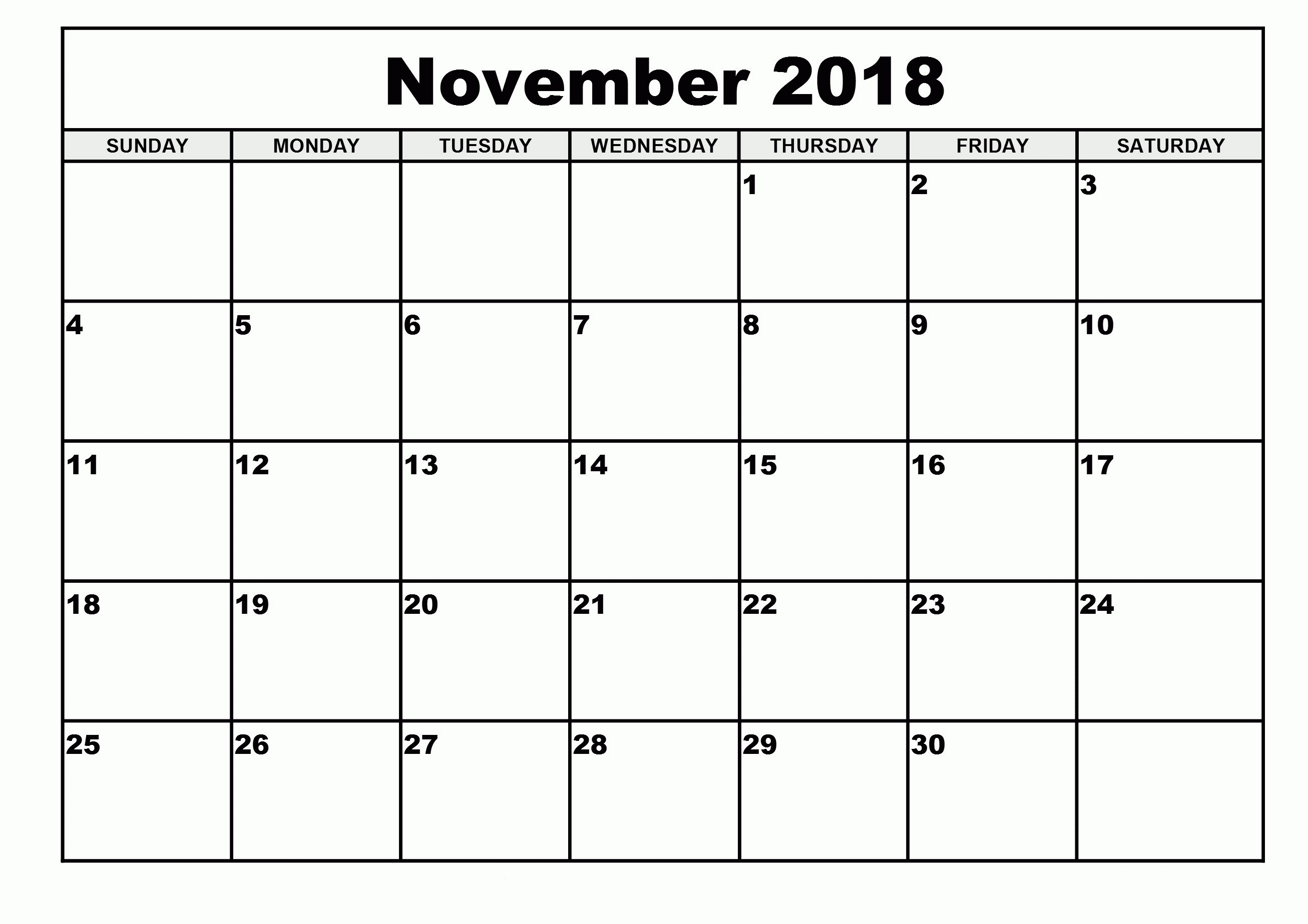 Blank Calendar November 2018 Printable Template within Blank Screensaver Template To Print