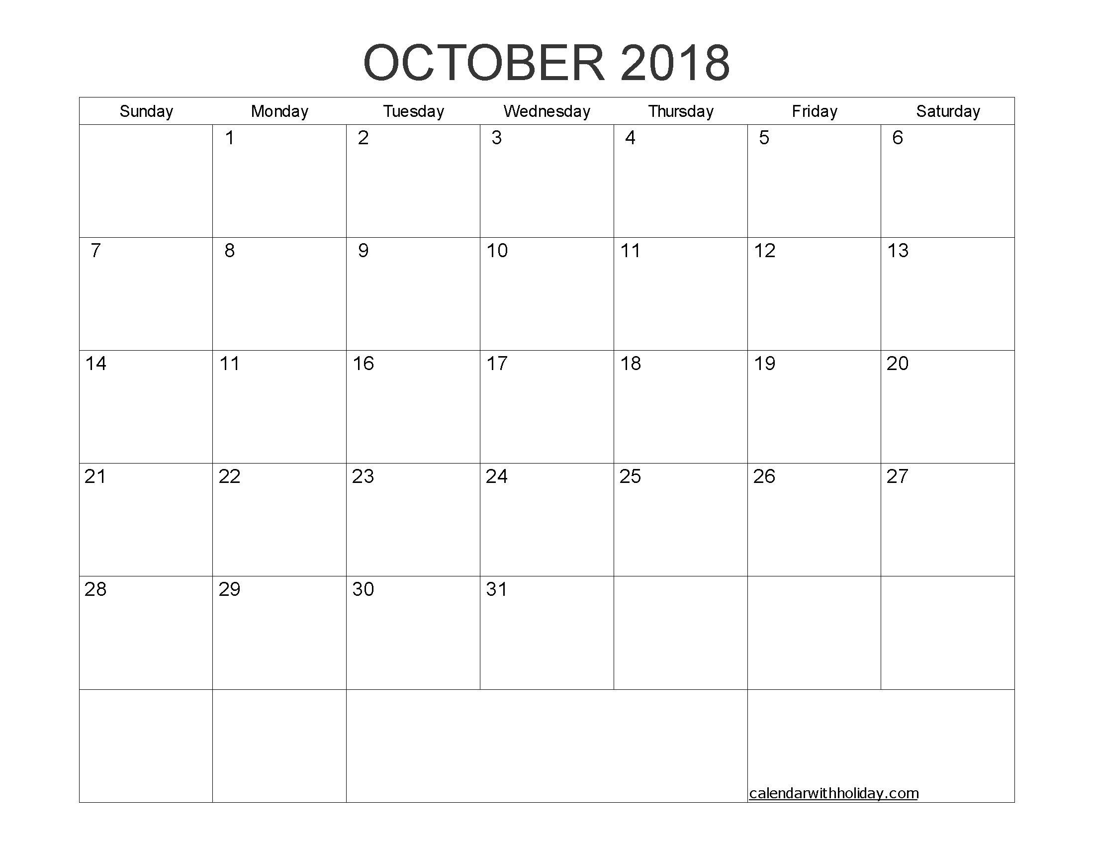 Blank Calendar October 2018 Printable 1 Month Calendar Template regarding Blank Calendar For A Month
