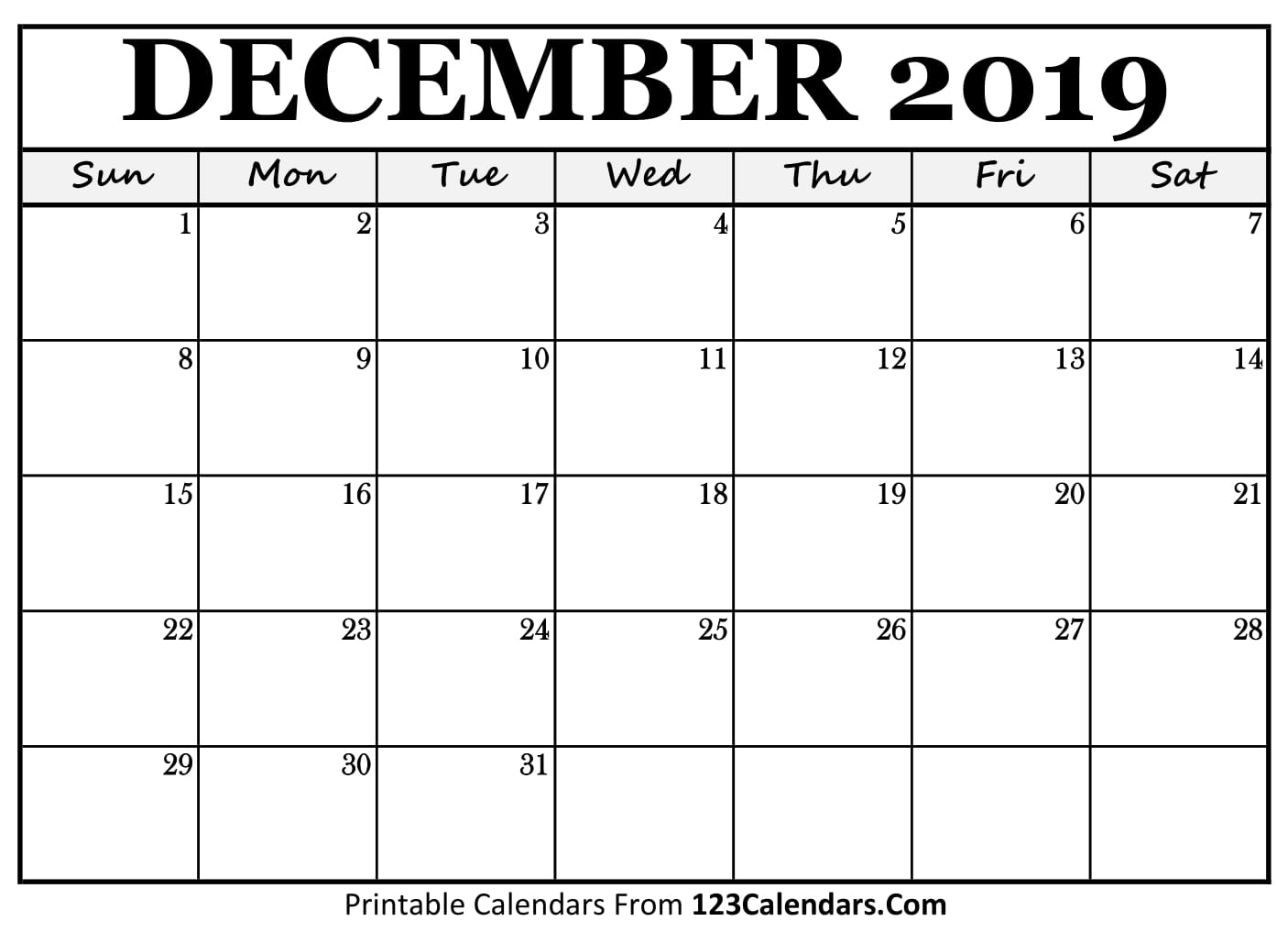 Blank December 2019 Calendar - Easily Printable - 123Calendars for Calendar Template With 194 Days