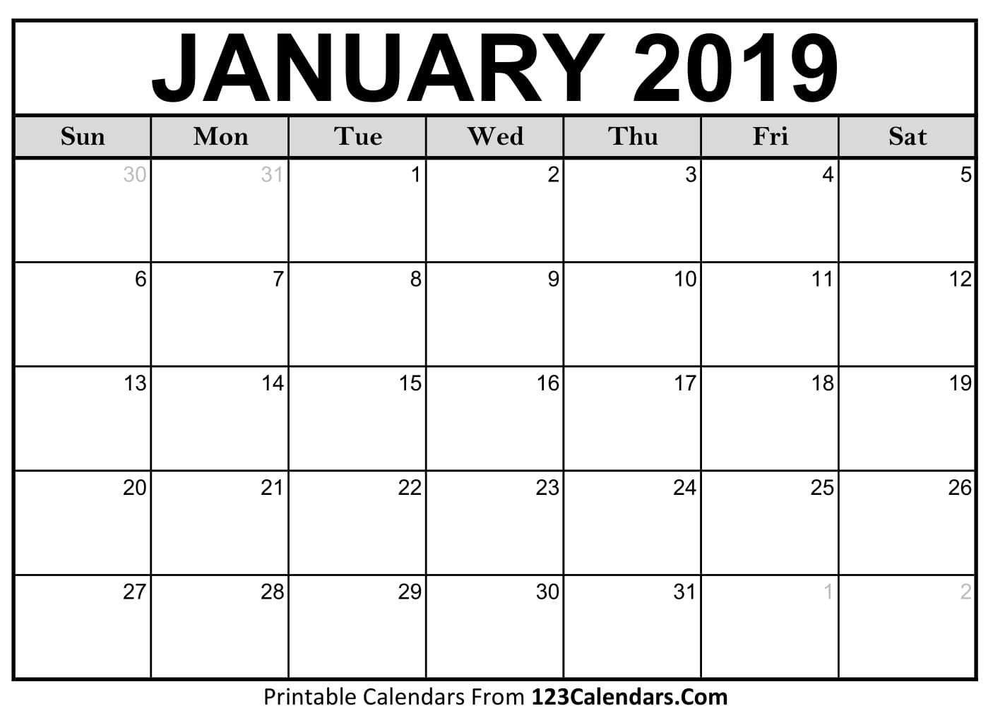 Blank January 2019 Calendar - Easily Printable - 123Calendars pertaining to Picture Of A January Calender