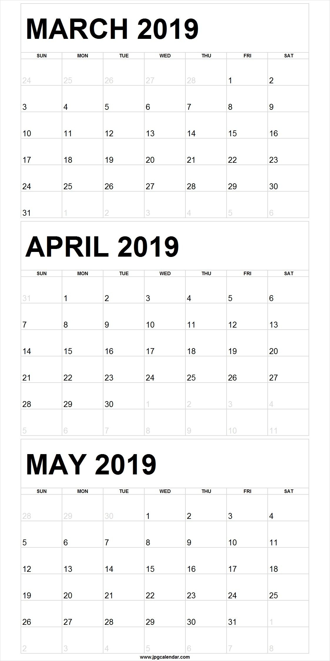 Blank March To May 2019 Calendar Printable #march #april #may for 3 Month Calendar Printable Template