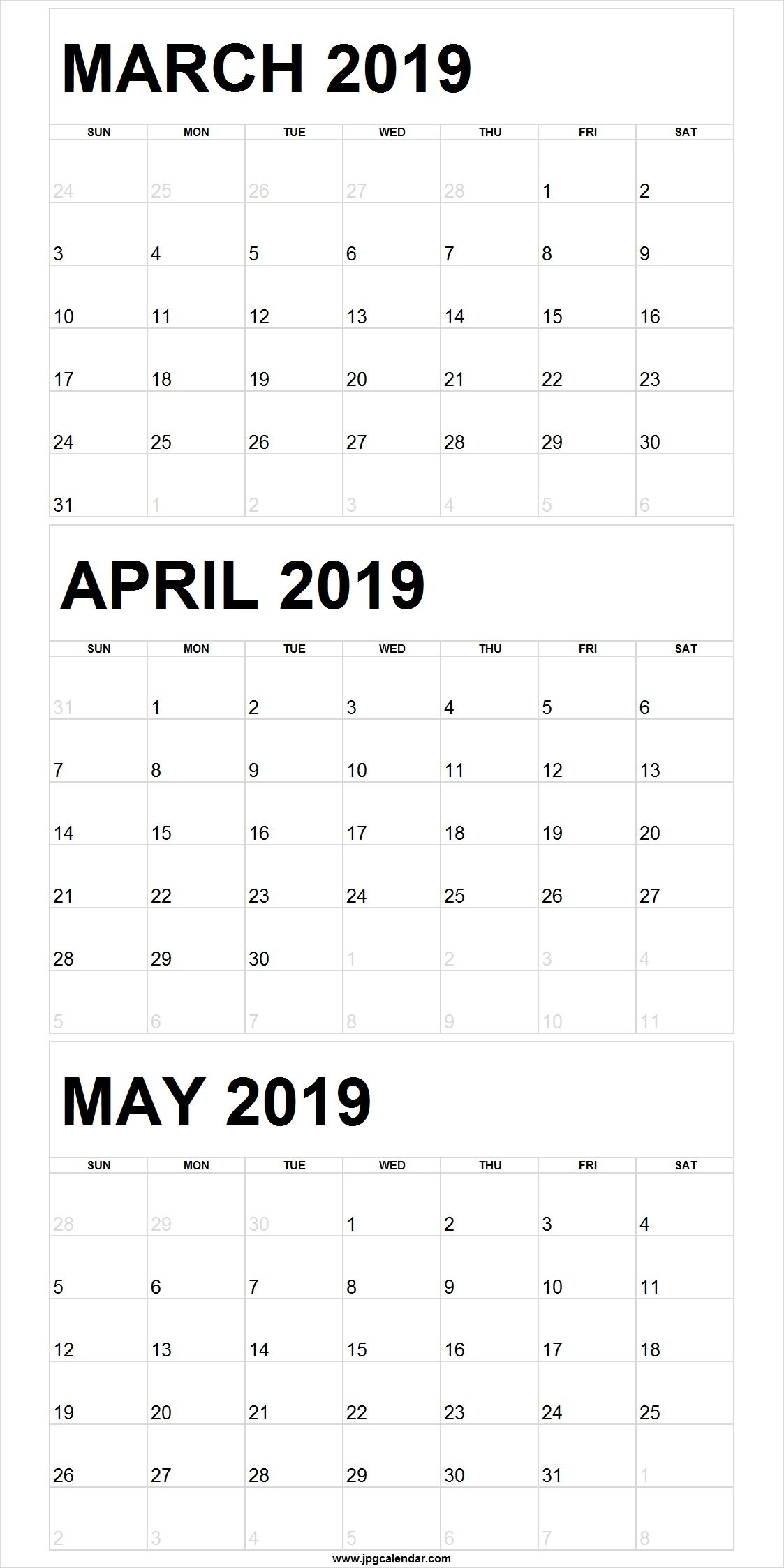 Blank March To May 2019 Calendar Printable #march #april #may pertaining to Blank 3 Month Printable Calendar