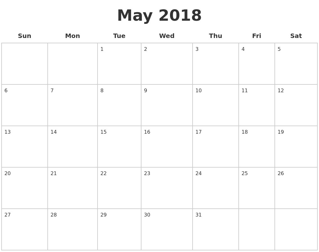 Blank May 2018 Budget Calendar With Notes For Blank 2018 Calendar for Blank Calendar Template With Notes