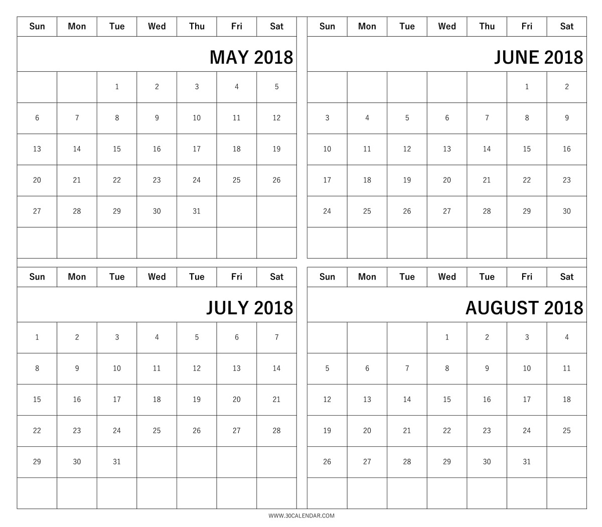 Blank May June July August 2018 Calendar | 4 Month Template regarding May June July August Calendar