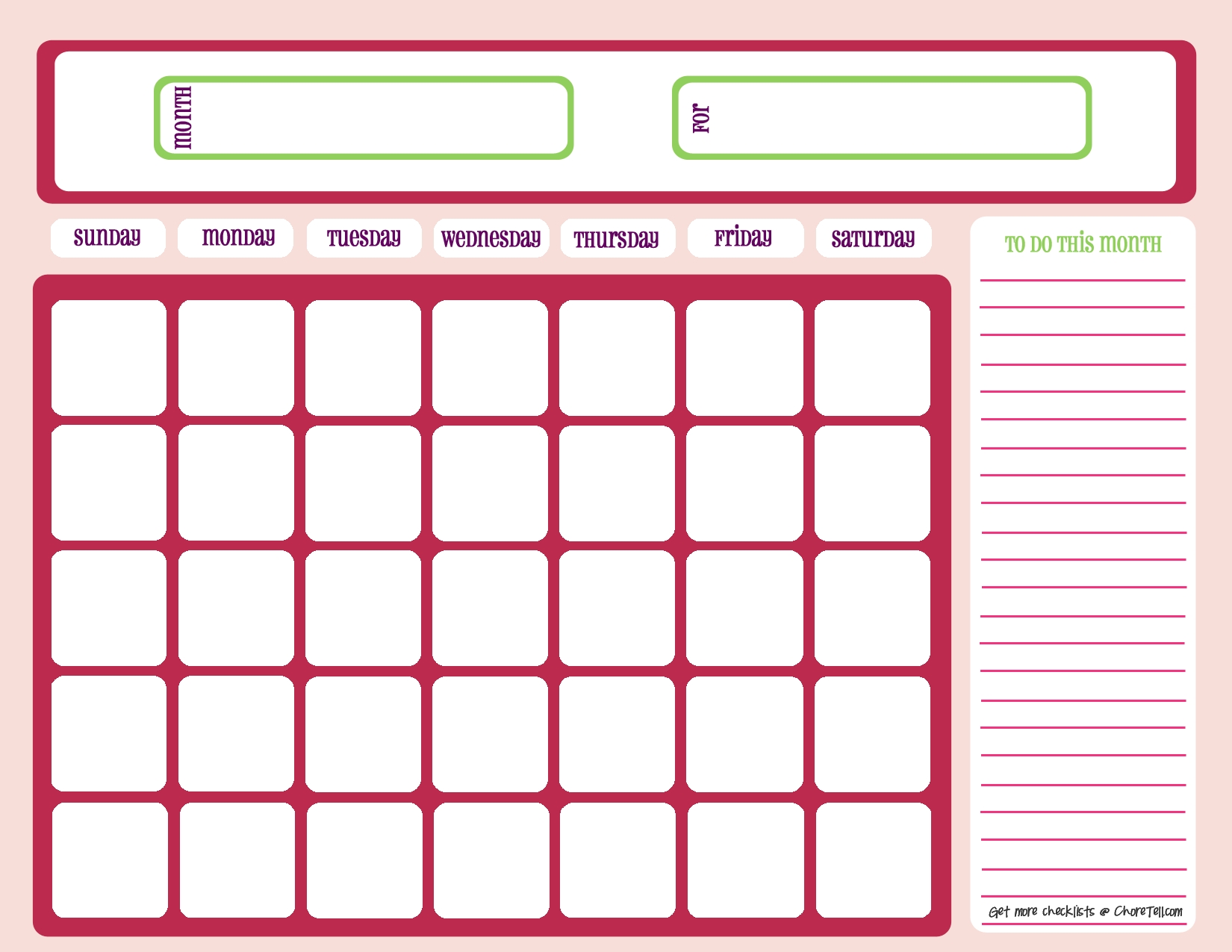 Blank Month Calendar - Pinks - Free Printable Downloads From Choretell within Blank Monthly Calendars To Print