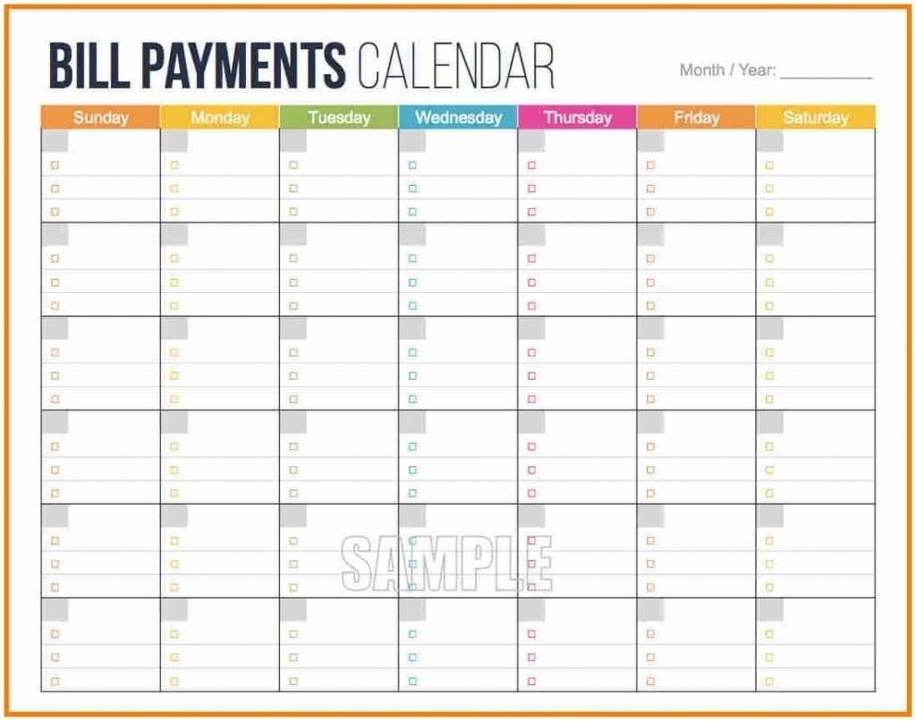 Printable Bill Payments Calendar F55