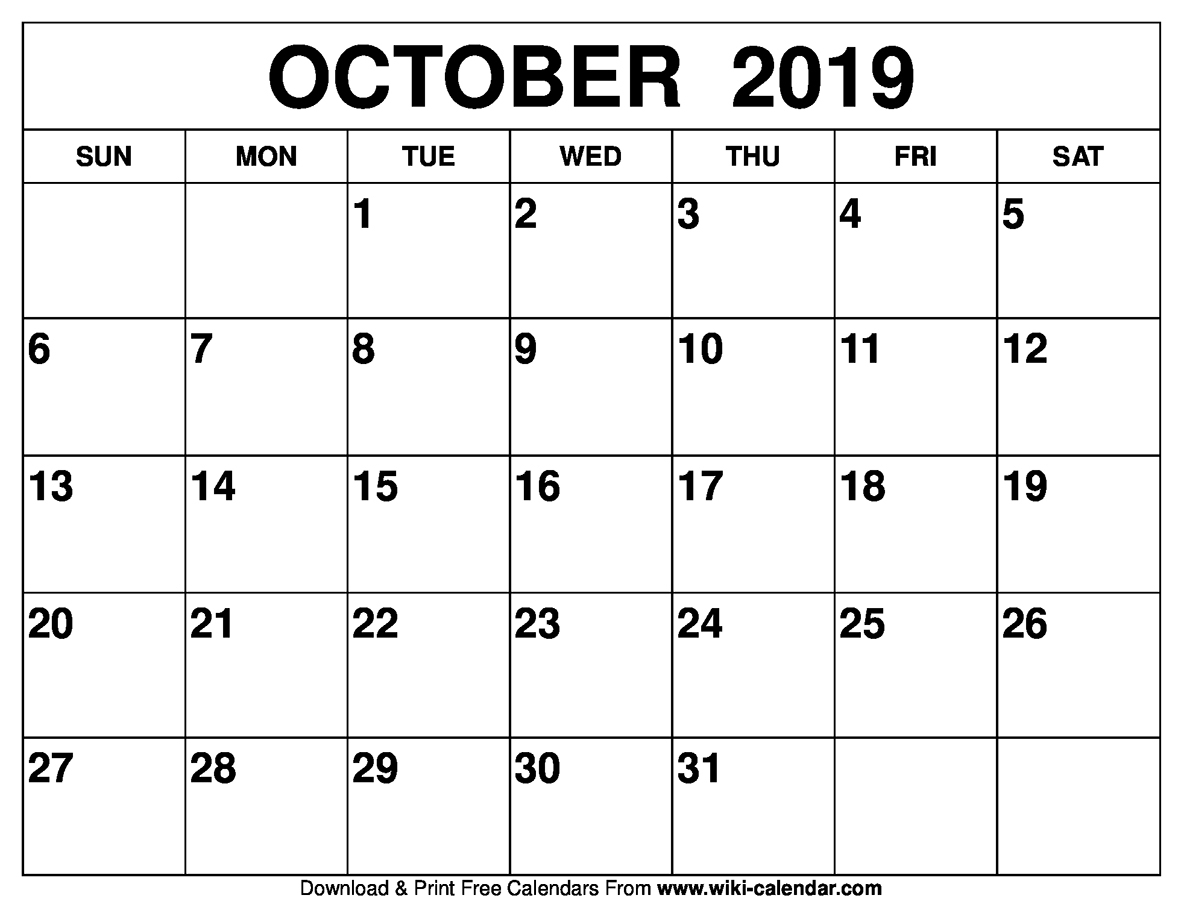 Blank October 2019 Calendar Printable within Football Theme Blank Dates Calendar