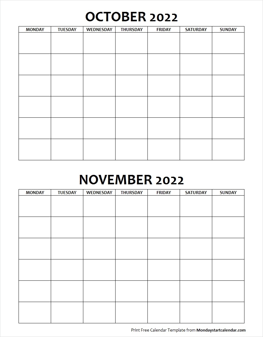 Blank October November 2022 Calendar Monday Start regarding Free Calendars Monday To Sunday